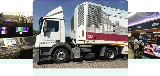 An image collage showcasing Technity's integration project for Qatar TV's OB van, highlighting various stages and components of the installation process.