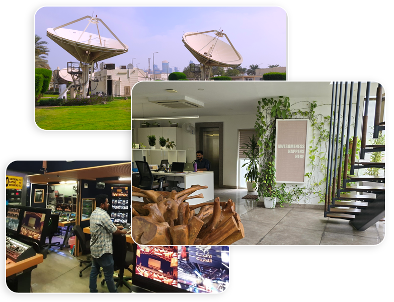 Technity showcases their expertise in broadcast technology with a collage featuring a 4K microwave project, their modern office space, and a Qatar TV OB van system integration.