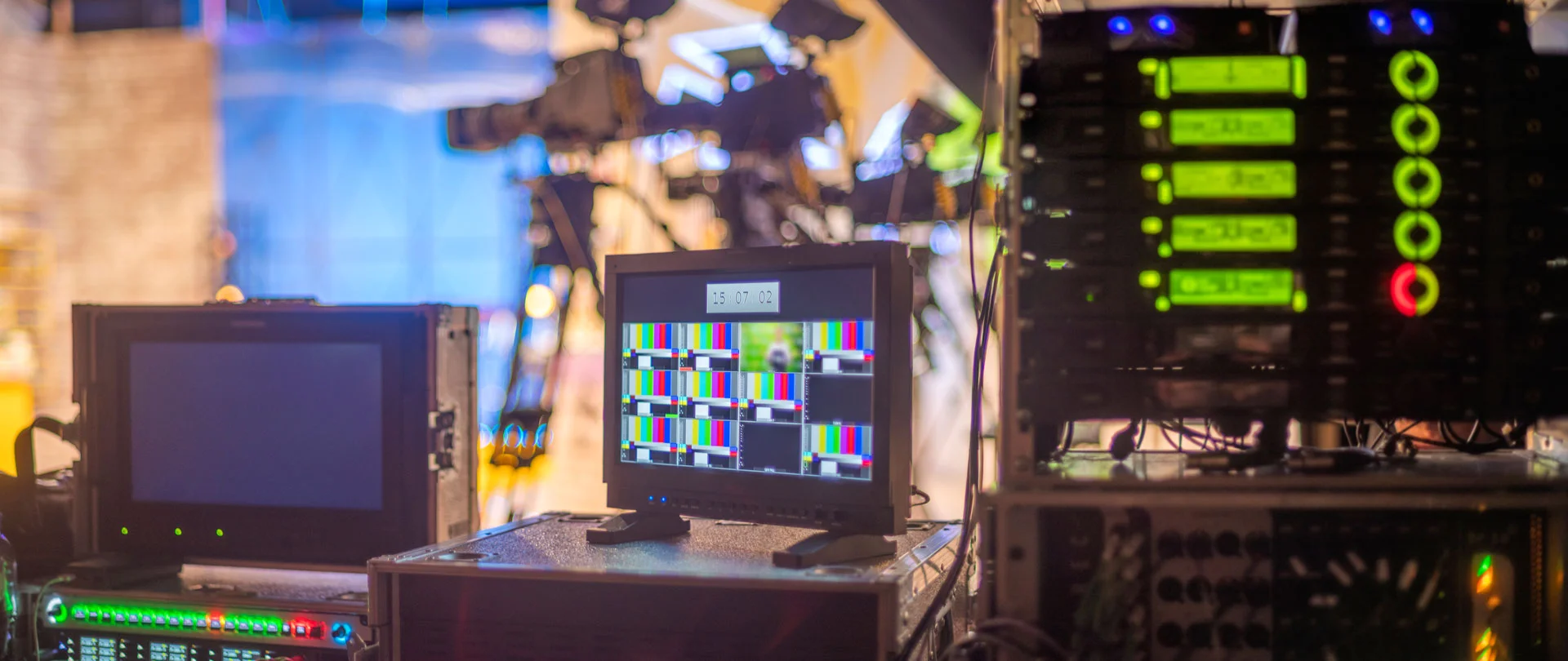 Broadcast studio with a diverse range of broadcast products including cameras, tripods, lighting, multi-viewers, program monitors, routers, RCPs, intercoms, and racks with encoders & decoders.